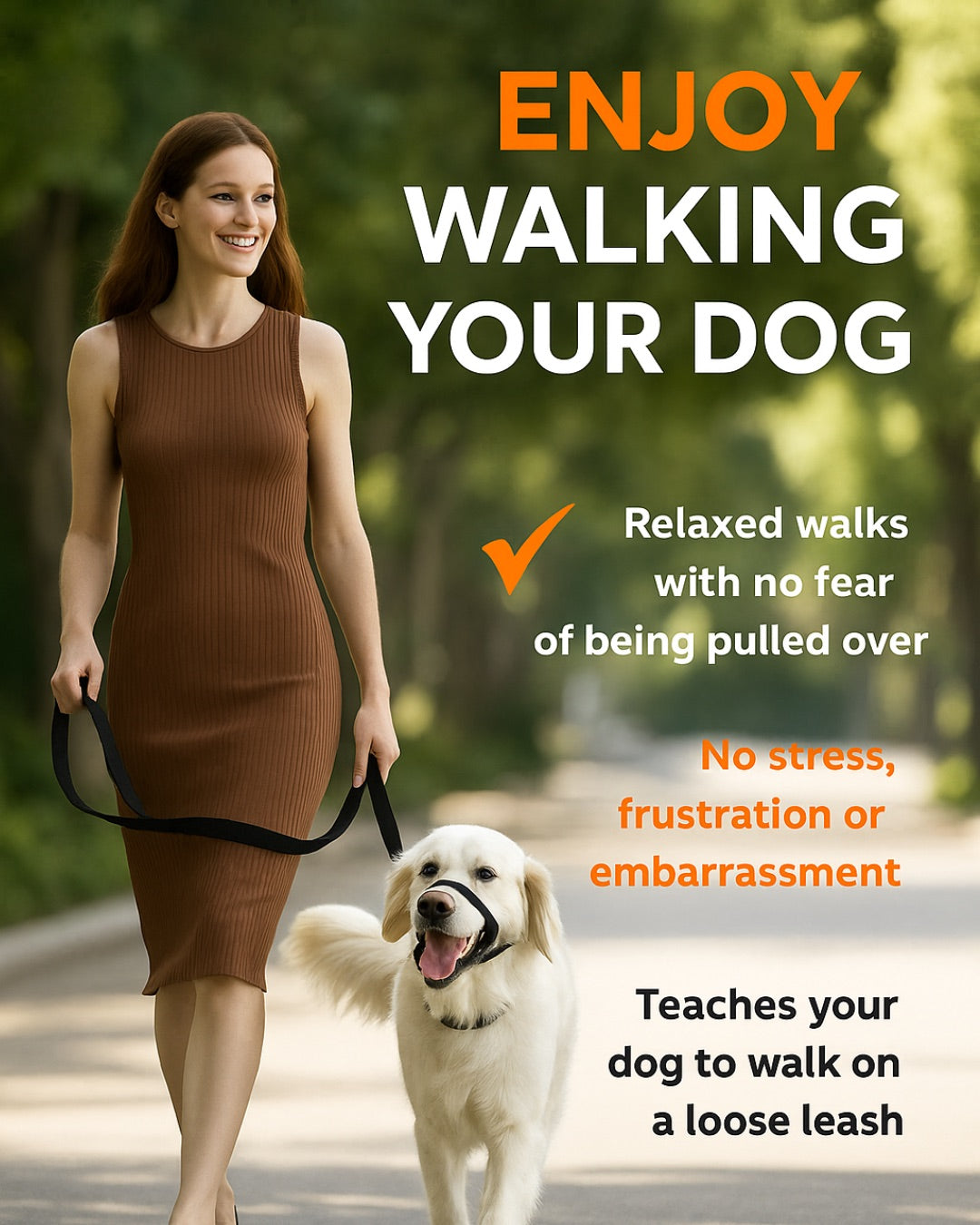 Woman walking dog with Canny Collar highlighting benefits