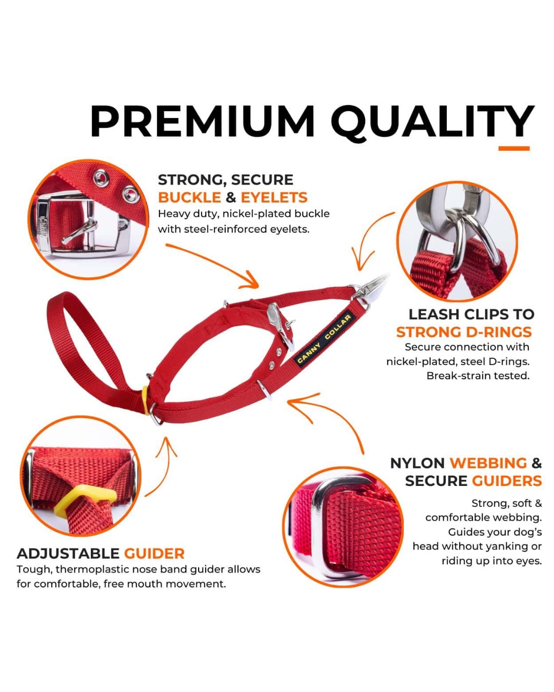 Canny Collar red with labeled premium features and materials