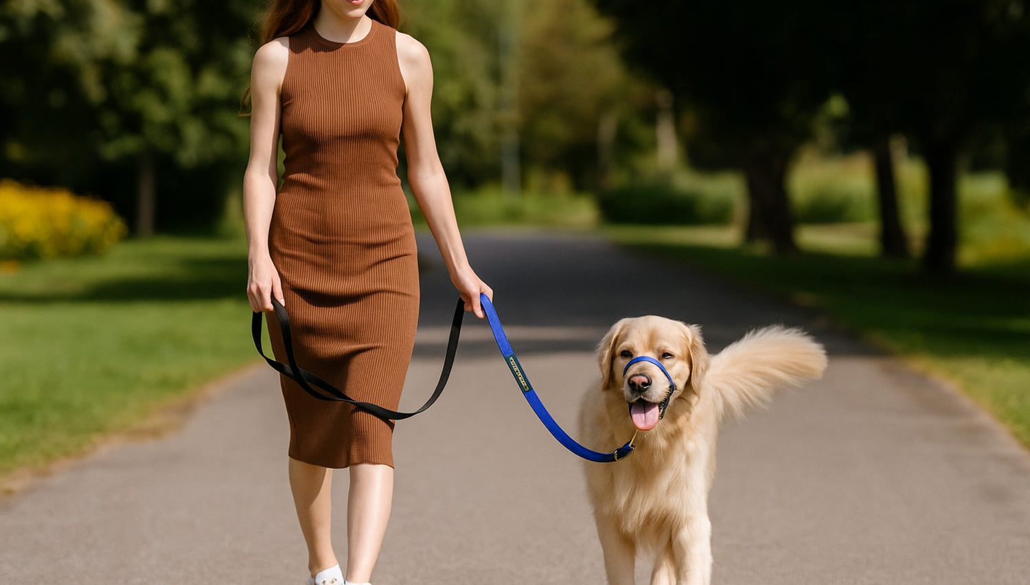 A young woman walking her dog with a no-pull collar and leash in a sunny park