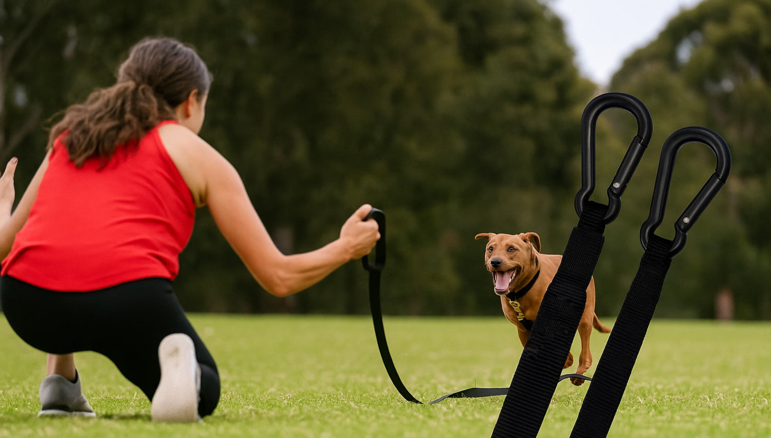 Woman training medium-sized dog using recall leash and carabiners in a grassy outdoor field.