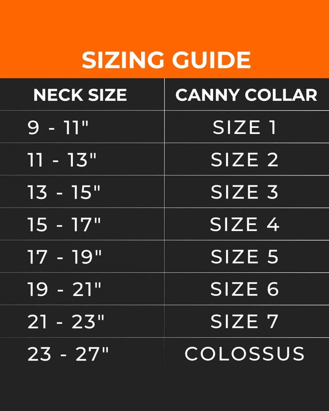 Canny Collar size chart for neck measurements and size selection
