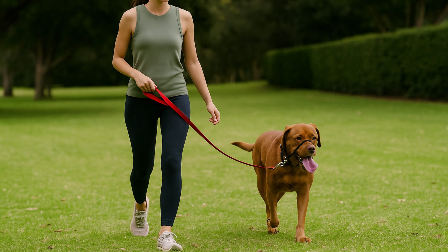Woman walking golden retriever with Canny gear in sunny park